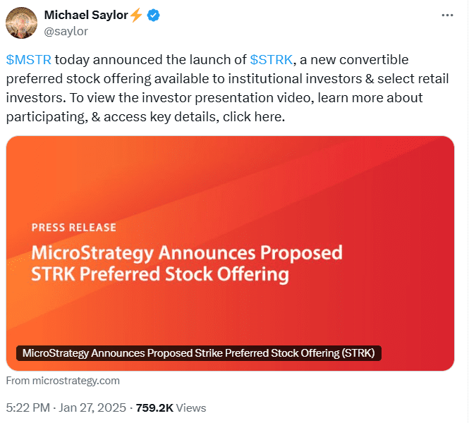 MicroStrategy STRK Stock Offering. Source: Michael Saylor