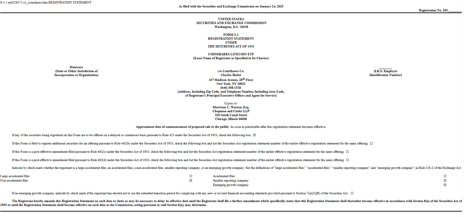 CoinShares Litecoin ETF Filing. Source: SEC