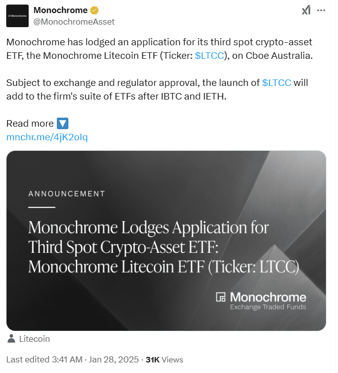 Monochrome Litecoin ETF Announcement. Source: Monochrome