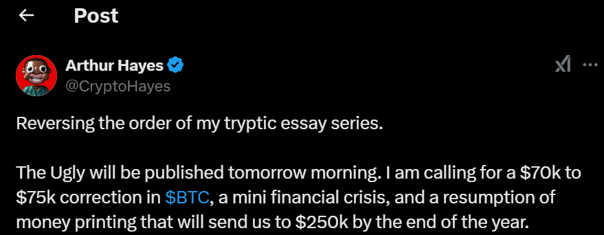 Arthur Hayes predicts Bitcoin surge to $250K. Source: Arthur Hayes