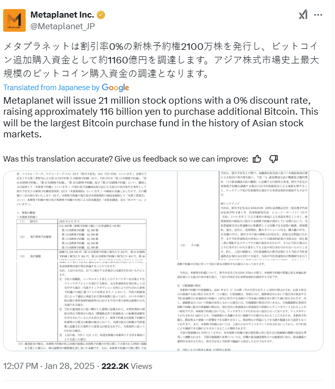 Metaplanet Bitcoin Funding Announcement. Source: Metaplanet Inc.