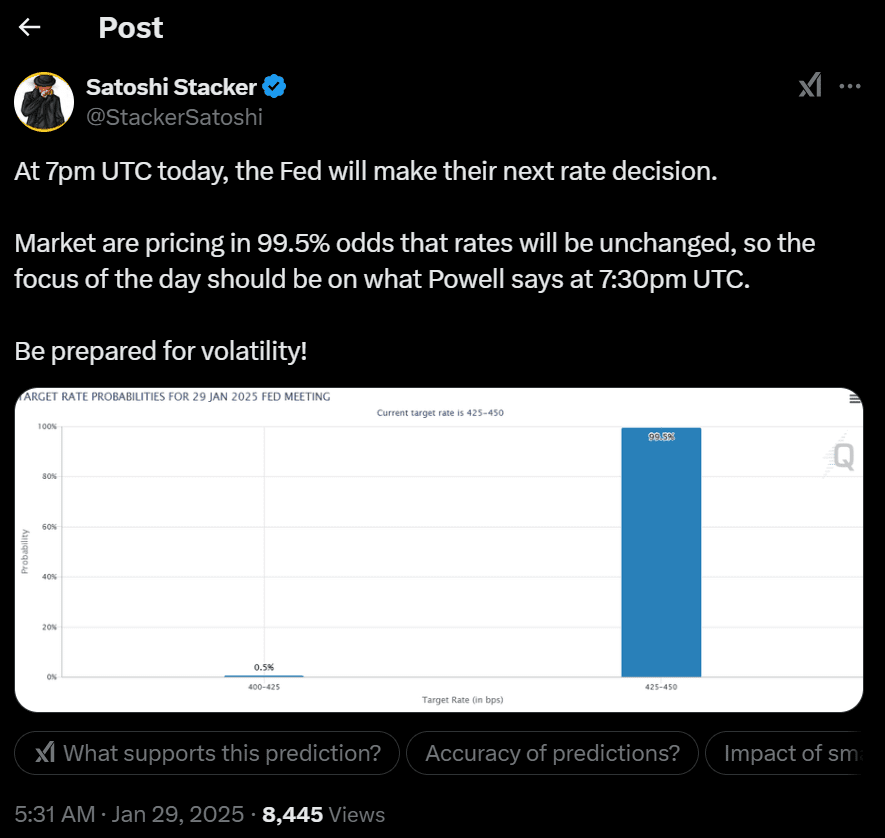 99% chance Fed holds rates, markets watch. Source: X