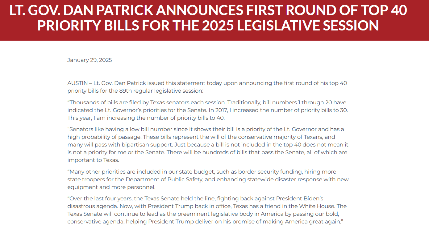 Lt. Gov. Dan Patrick’s 2025 Priority Bills. Source: Ltgov.texas.gov