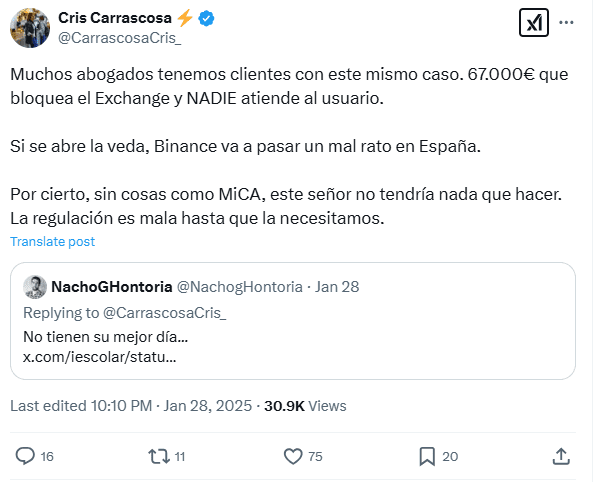 Lawyer’s Tweet on Binance Source: Twitter / @CarrascosaCris_