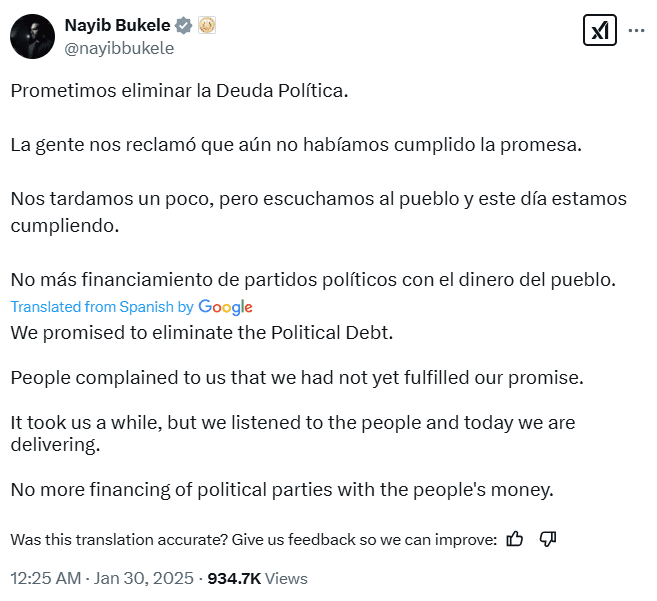 El Salvador Political Debt Statement. Source: Nayib Bukele