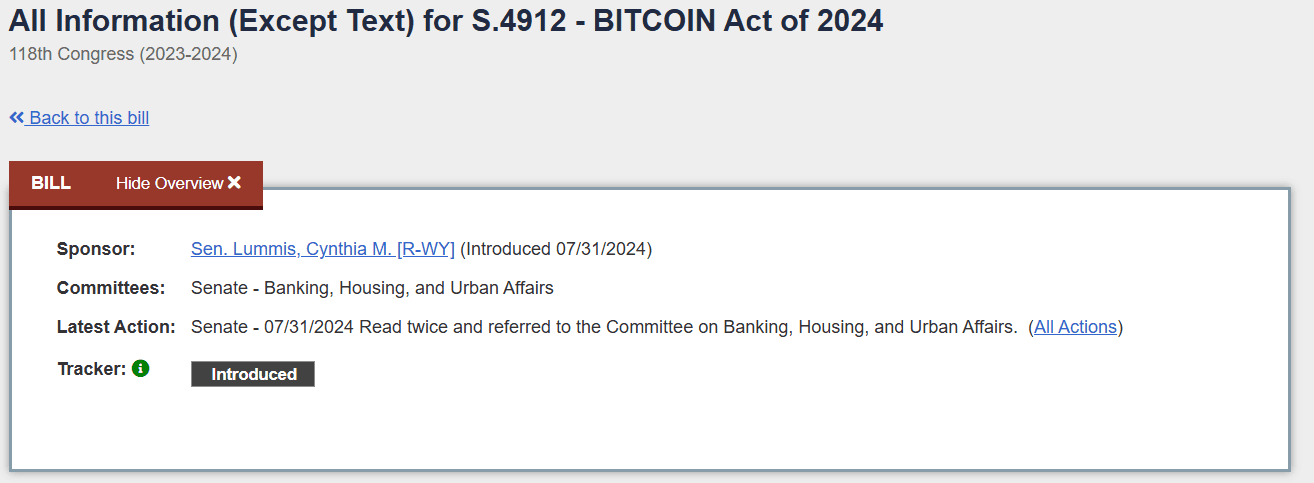 Sen. Cynthia Lummis introduces BITCOIN Act of 2024. Source: Congress