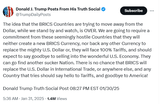 Trump Tariff Threat on BRICS. Source: TrumpDailyPosts