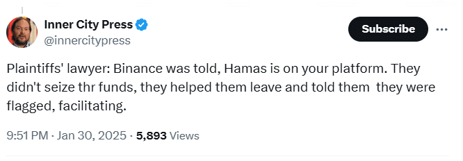 Binance Hamas Platform Claim. Source: Inner City Press