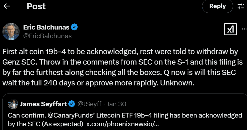 SEC acknowledges Litecoin ETF filing, decision pending. Source: Eric Balchunas