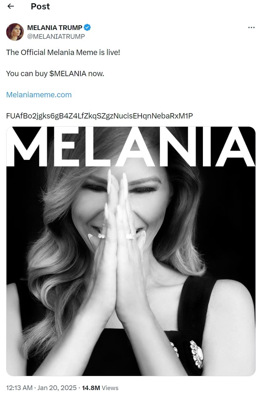 Melania Trump launches $MELANIA meme coin. Source: Melania Trump