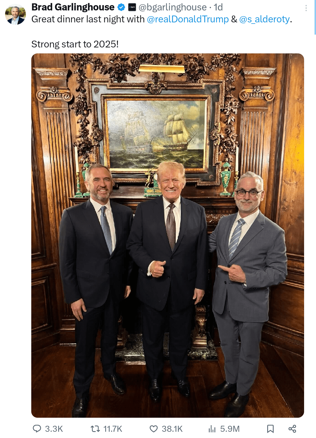 Ripple CEO Brad Garlinghouse had dinner with Donald Trump. Source: X