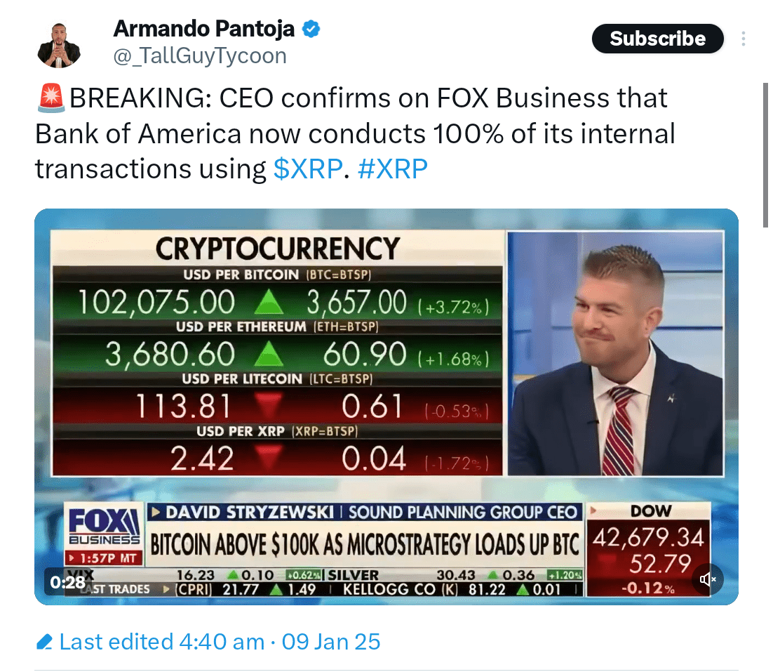 David Stryzewski, CEO of Sound Planning Group, claims that BoA uses Ripple XRP for 100% of its internal transactions. Source: X