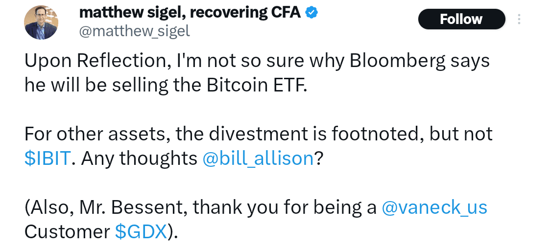Vaneck Head is not sure whether Bessent need to sell his IBIT. Source: X