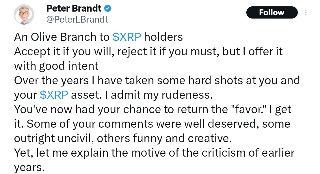 Peter Brandt issued a public apology to XRP holders