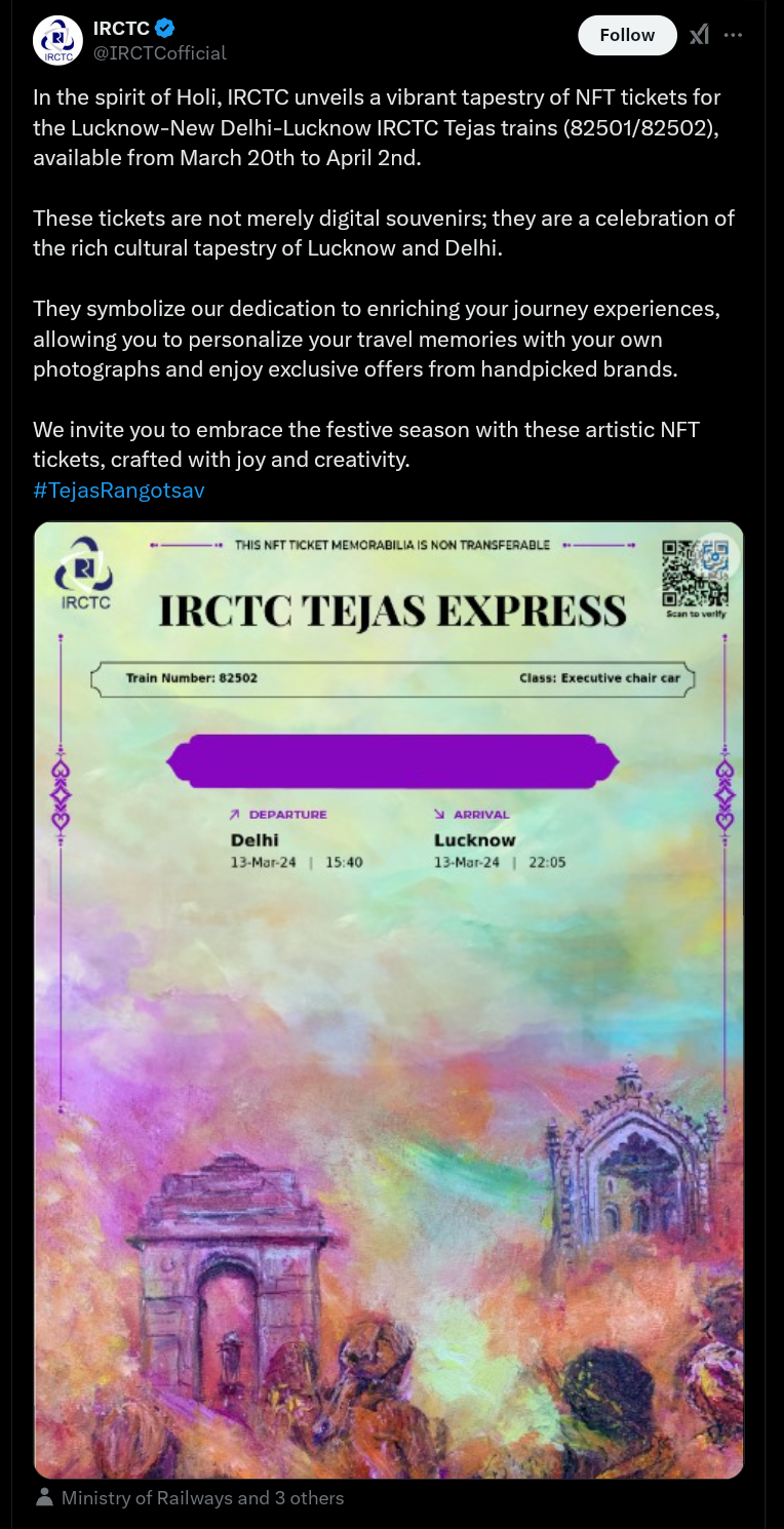 IRCTC to issue NFT based tickets.