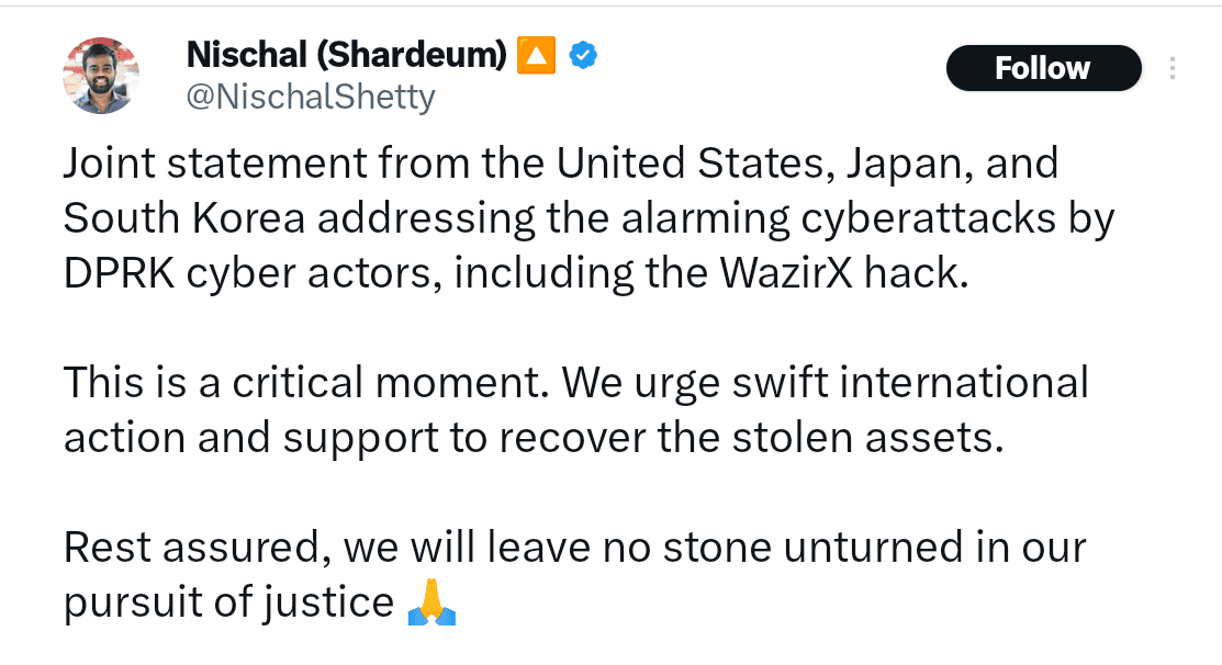 WazirX founder nischal Shetty shared the news on X