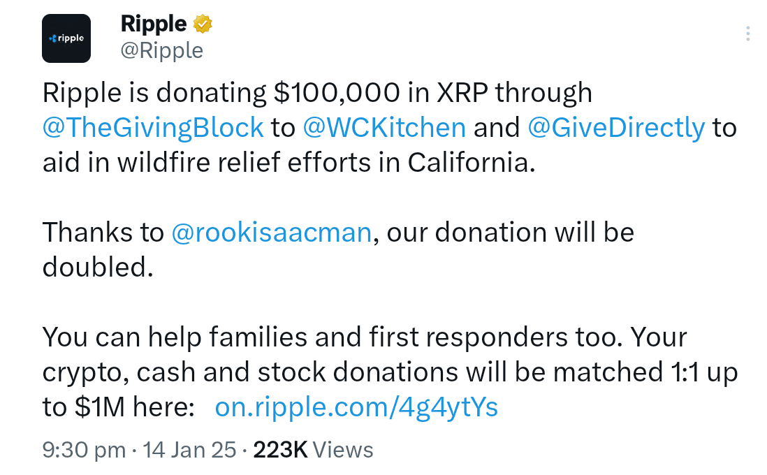 Ripple donated $100k worth of XRP to help California wildfire relief.