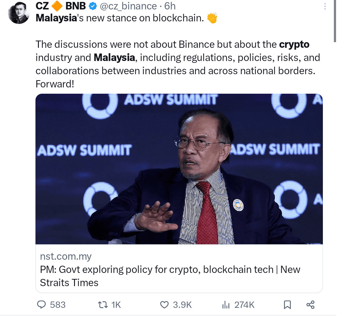 Malaysia’s Prime Minister Anwar Ibrahim discussed a potential cryptocurency policy with officials from Abu Dhabi and Binance Founder CZ.