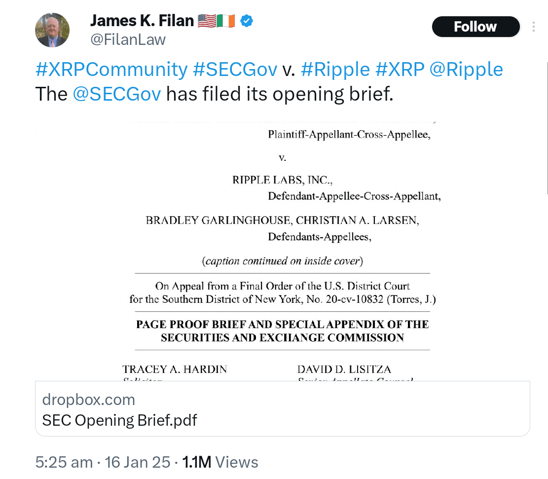 SEC has filed its opening brief.in Ripple case.