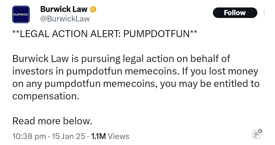 Law firm may take legal action against Pump.fun.
