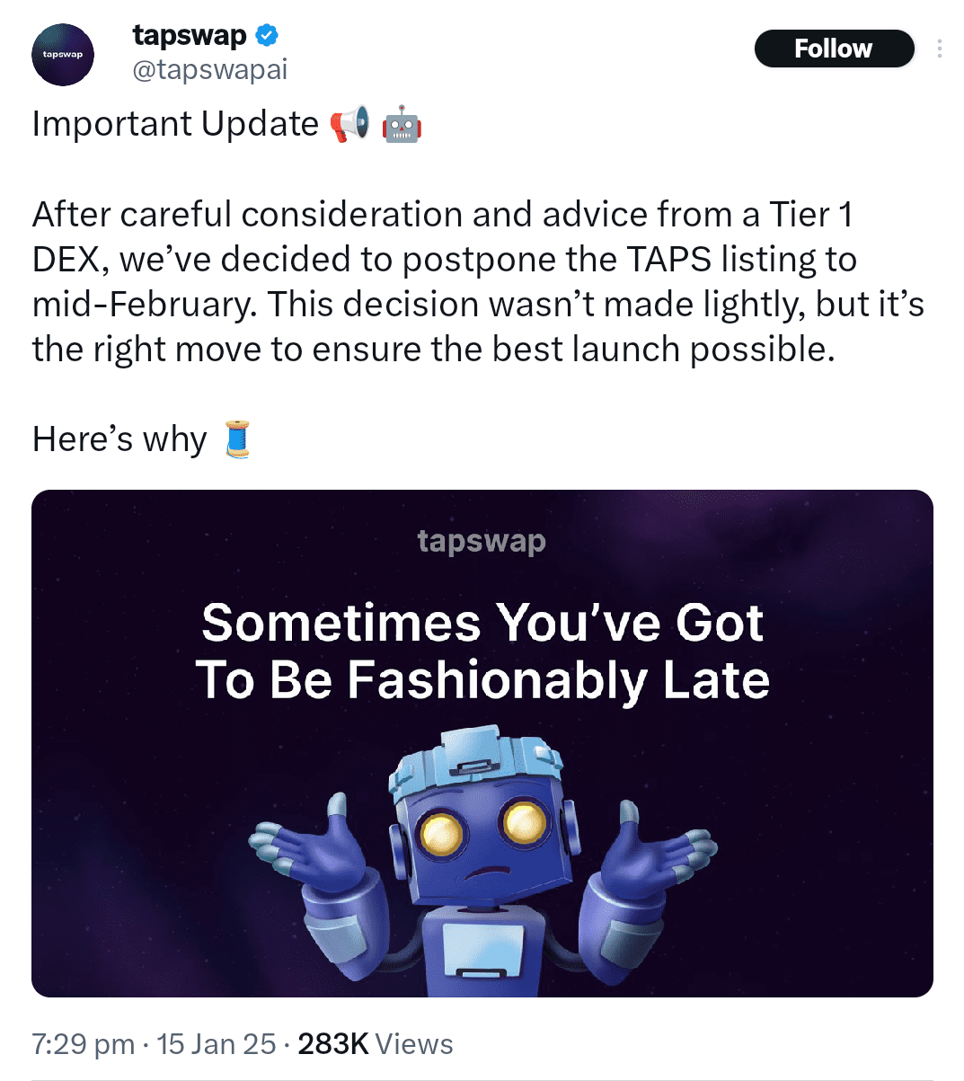 TapSwap postponed its listing date to mid February.