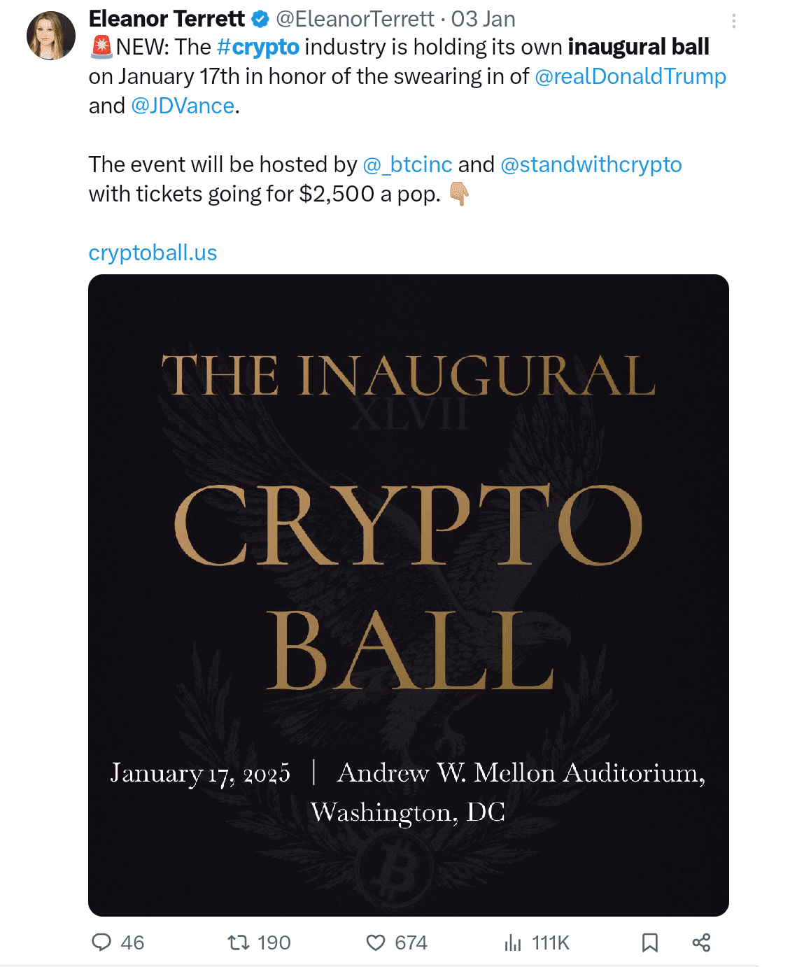 The crypto industry is holding inaugural ball event in honor of the swearing in of Donald Trump.