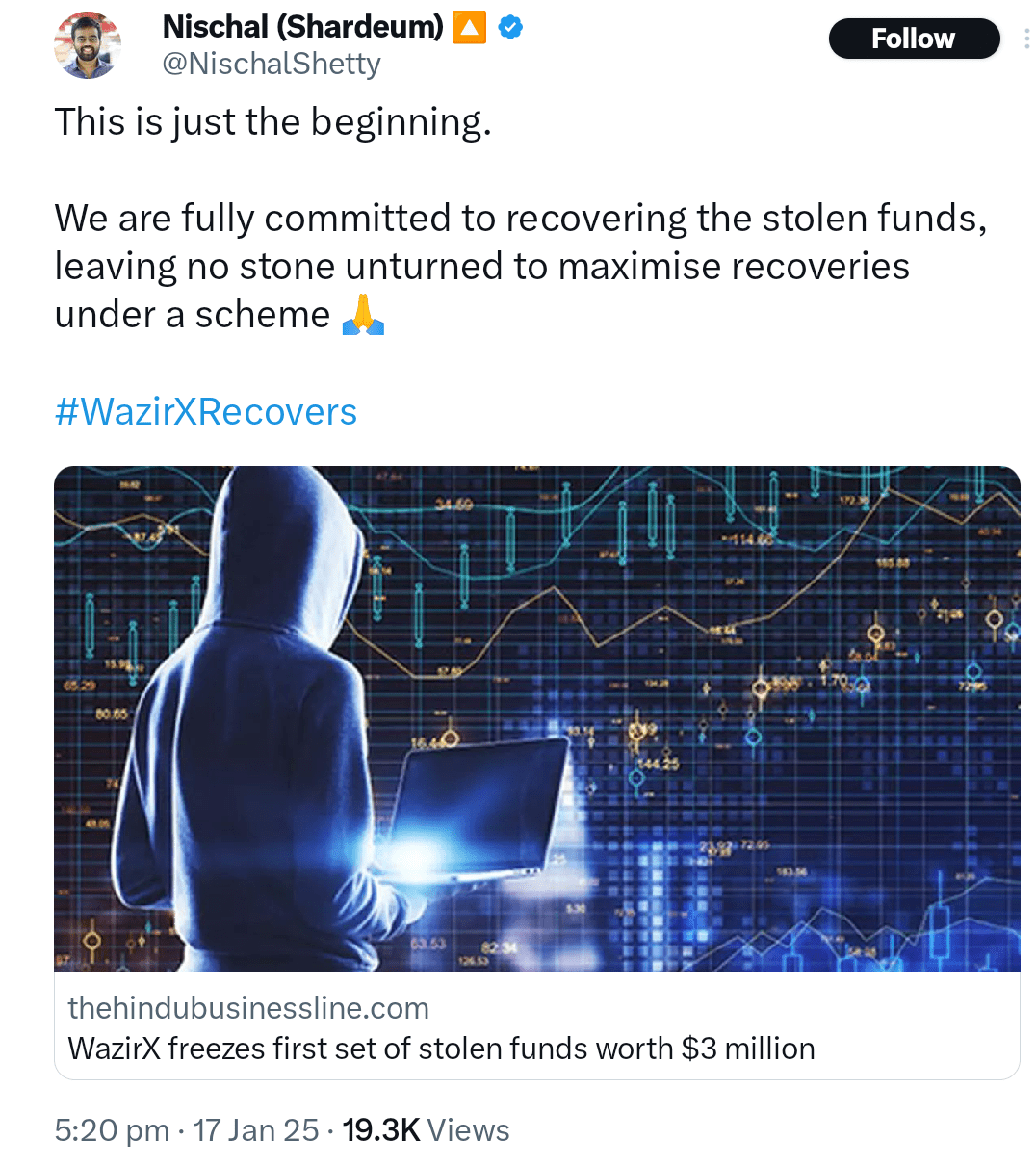 WazirX has frozen $3 million in funds.