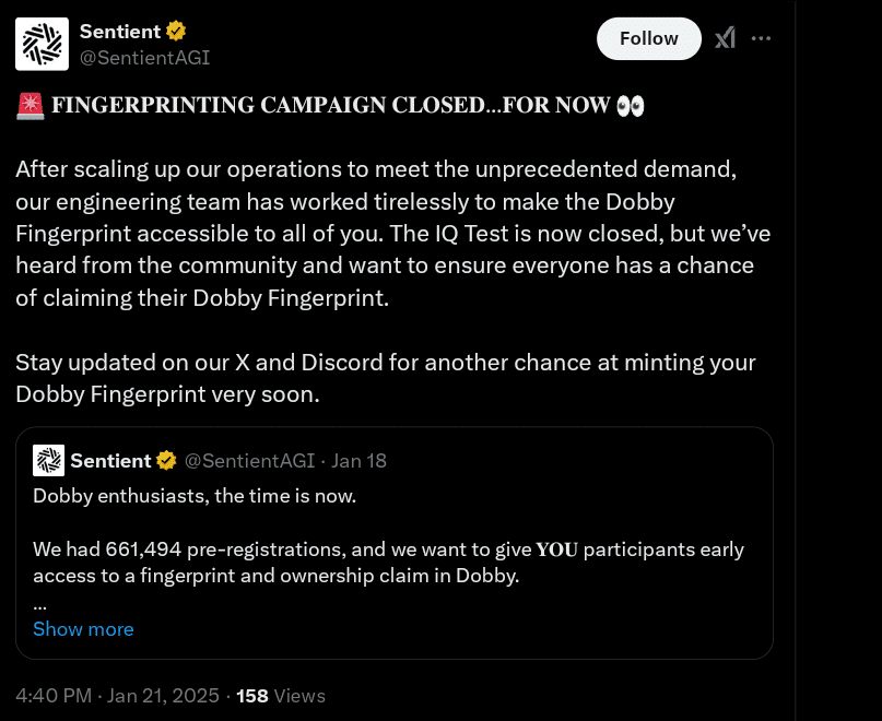 Sentient fingerprinting campaign airdrop closed
