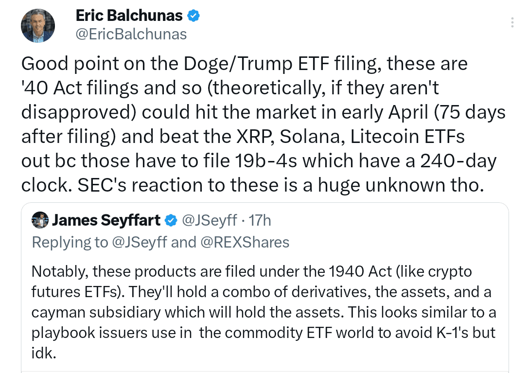 Analysts expects DOGE and TRUMP ETF to hit the market by april. Source: X
