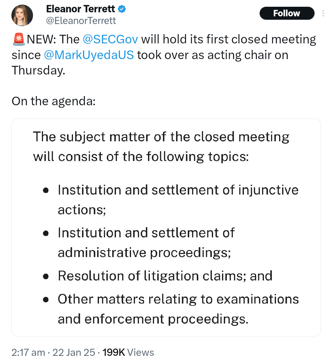 SEC to hold its first closed door meeting of 2025 under curent acting SEC chair Mark Uyeda. Source: X