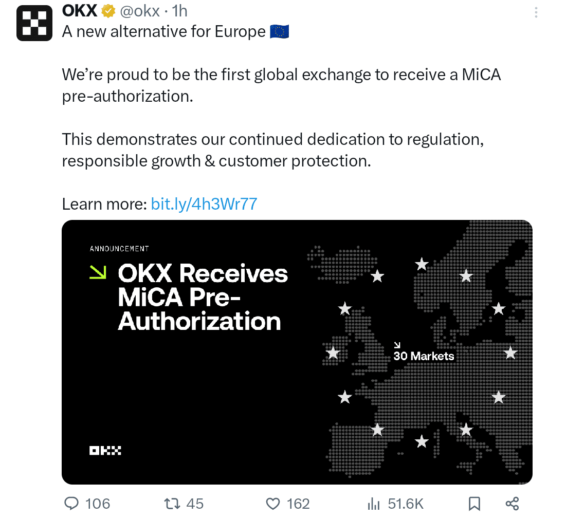 OKX receives pre-authorization for MiCA compliance via Malta hub