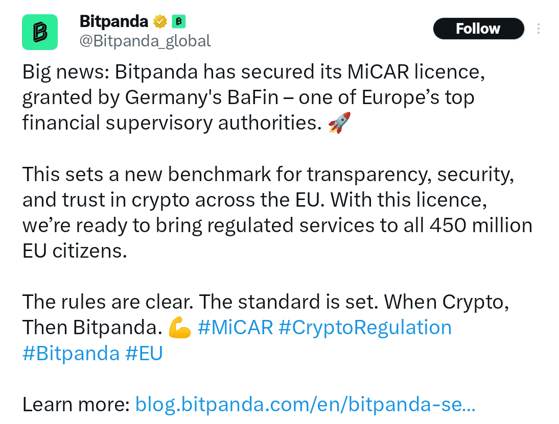 Bitpanda has secured its MiCAR licence in Germany