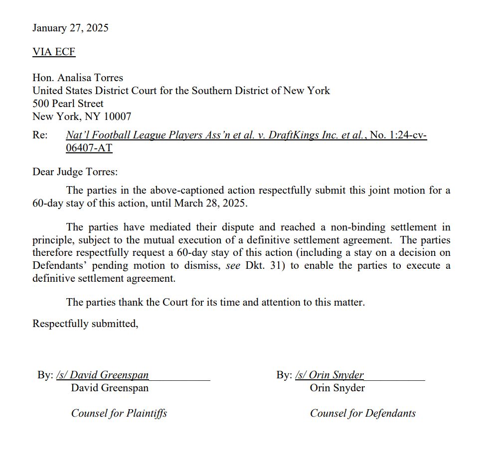NFLPA and DraftKings reached on a settlement in NFT lawsuit..Source: CourtListener