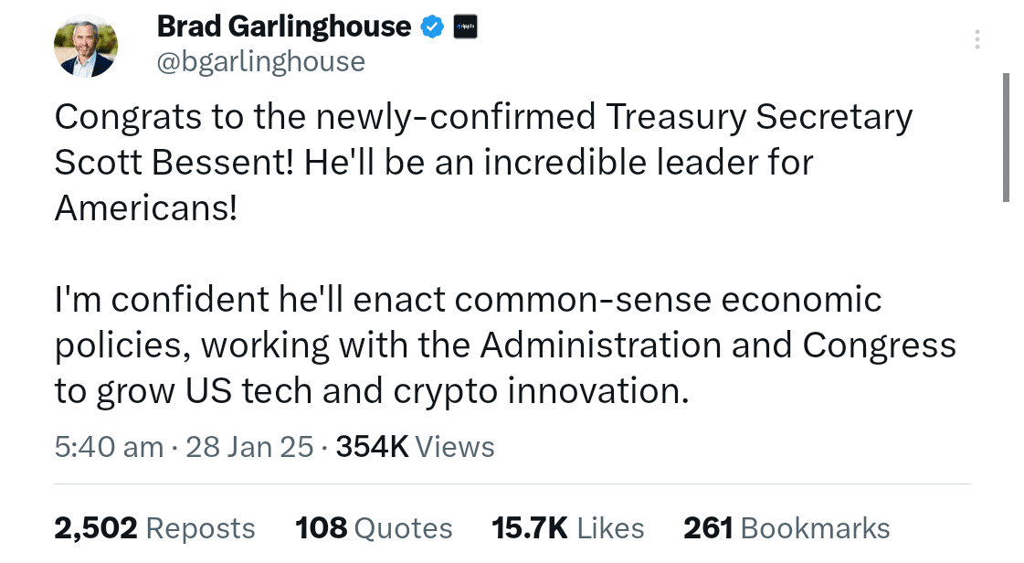 Ripple CEO congratulated Scott Bessent for becoming Treasury Secretary