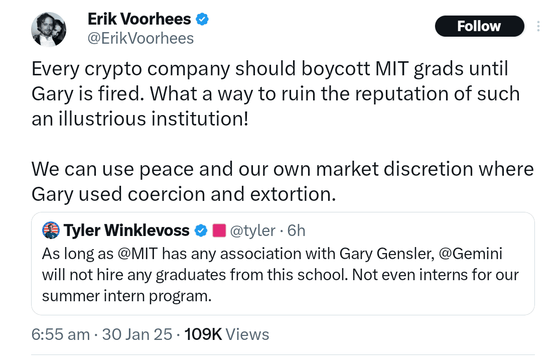 Bitcoin advocate Erik Voorhees said that every crypto company should boycott MIT grads until Gary is fired.