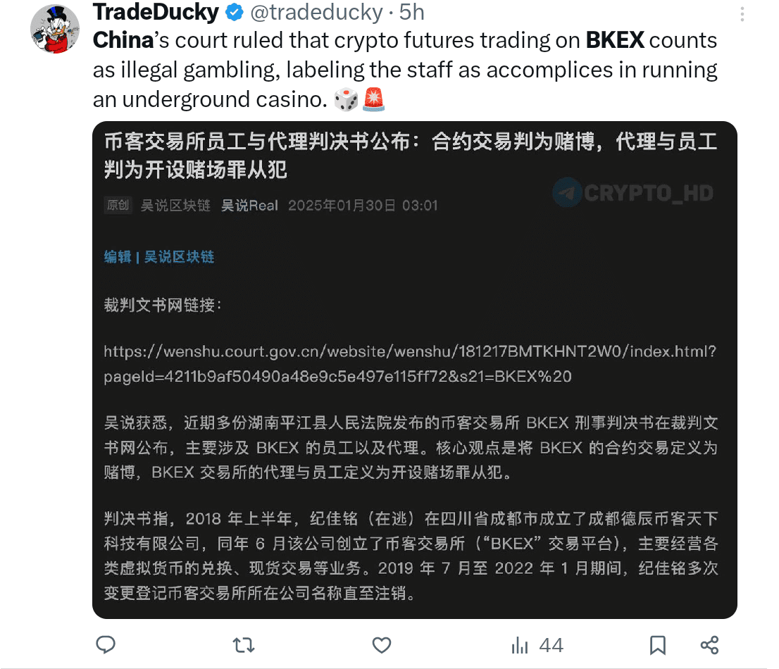 China convicts BKEX staff for illegal gambling via crypto contracts