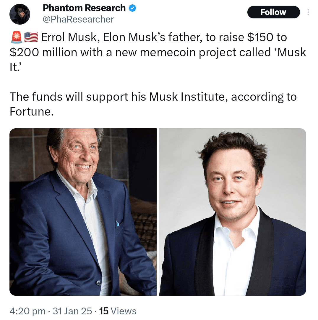 Elon Musk’s father Errol looks to monetize his famous name with ‘Musk It’ memecoin