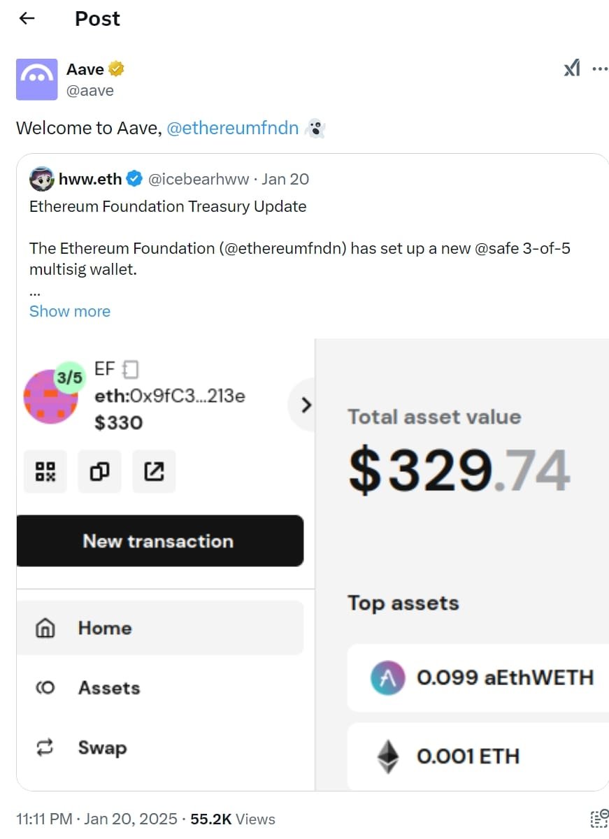 Ethereum Foundation joins Aave with multisig wallet. Source: Aave/X