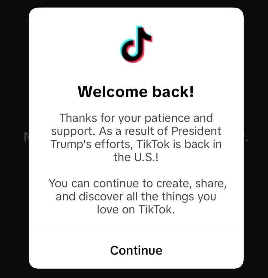 TikTok Back in the U.S. Announcement. Source: TikTok