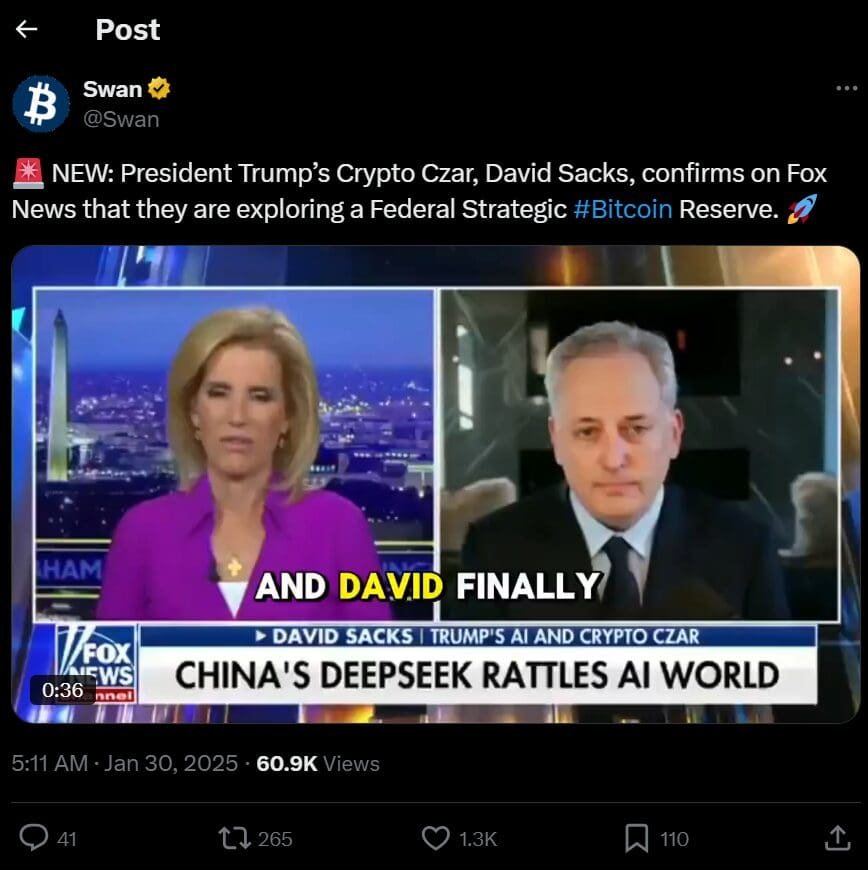 David Sacks confirms U.S. exploring Bitcoin reserve. Source: Swan