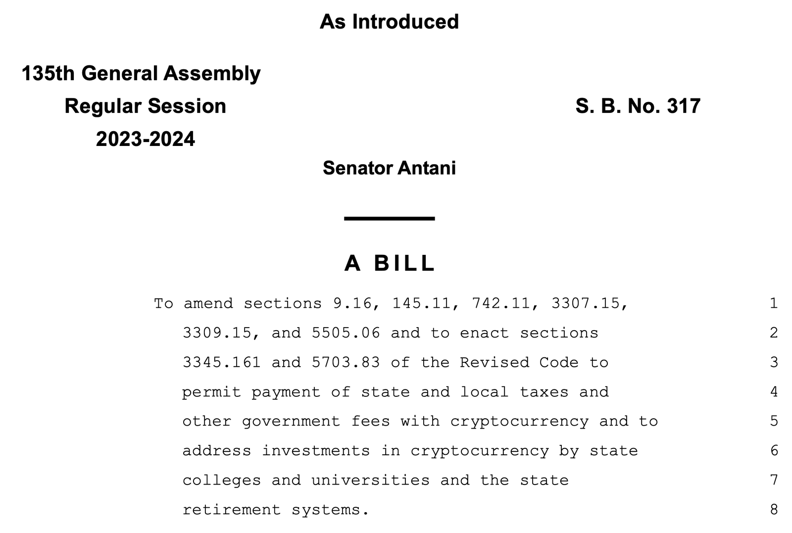 Ohio Senate Bill 317 Proposes Crypto Tax Payments and Digital Asset Investments. Source: Ohio General Assembly