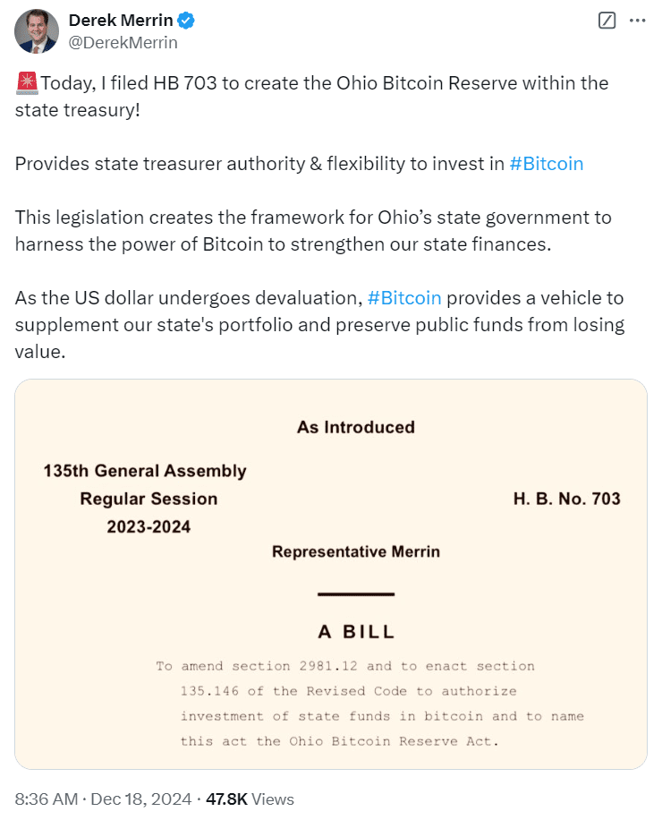 Ohio House Bill 703 Proposes Bitcoin Reserve for State Treasury. Source: Derek Merrin