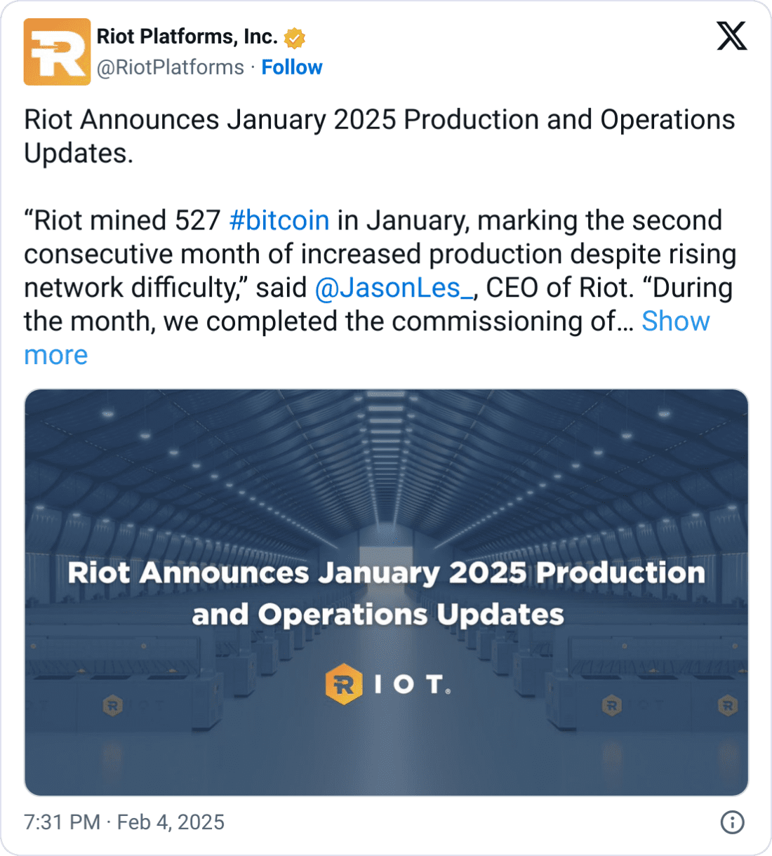 Riot Bitcoin Production January 2025. Source: Riot Platforms