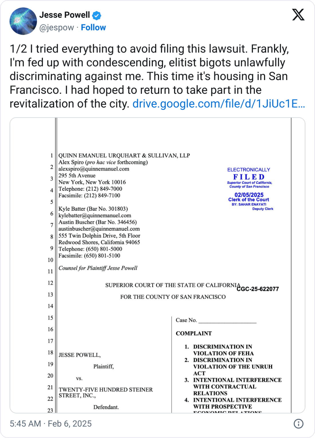 Jesse Powell Lawsuit Filing. Source: X
