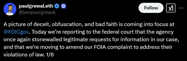 Paul Grewal FOIA Complaint Update. Source: 