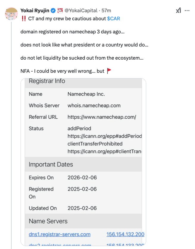  CAR Token Domain Details. Source: Yokai Ryujin