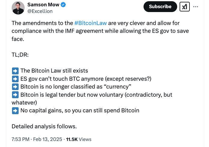 El Salvador’s Bitcoin Law Adjusted for IMF Compliance. Source: Samson Mow