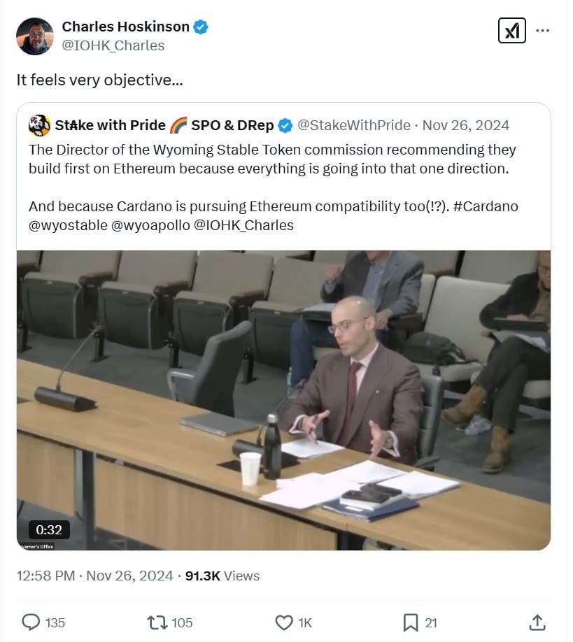 Charles Hoskinson Questions Blockchain Choice for Wyoming Stable Token.