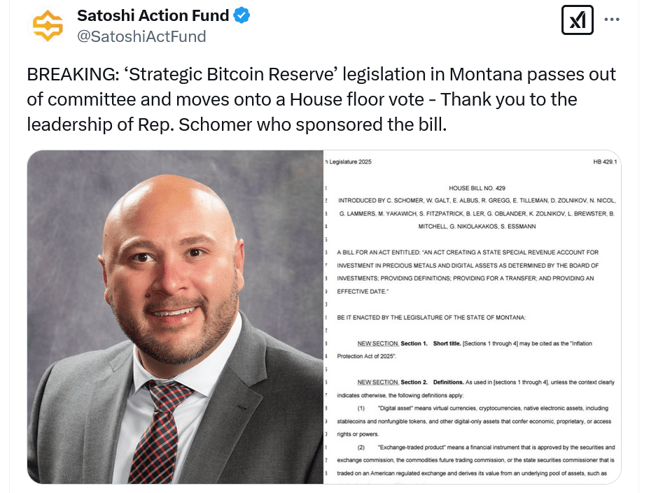 Montana’s Strategic Bitcoin Reserve Bill Moves to House Floor Vote Under Rep. Schomer’s Leadership. Source: Satoshi Action Fund