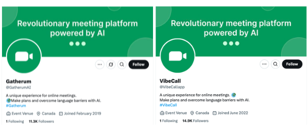 A side-by-side comparison of Gatherum and VibeCall’s X accounts. Source: X